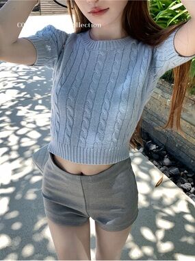 (New) baby Blue Cable Knit Short Sleeve Sweater. Ralph Lauren style